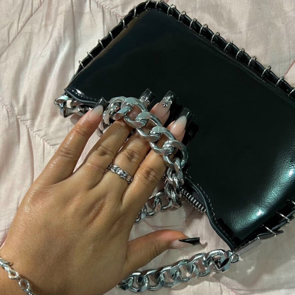 Black Patent Crossbody Bag with Silver Chain - Picture 3 of 10